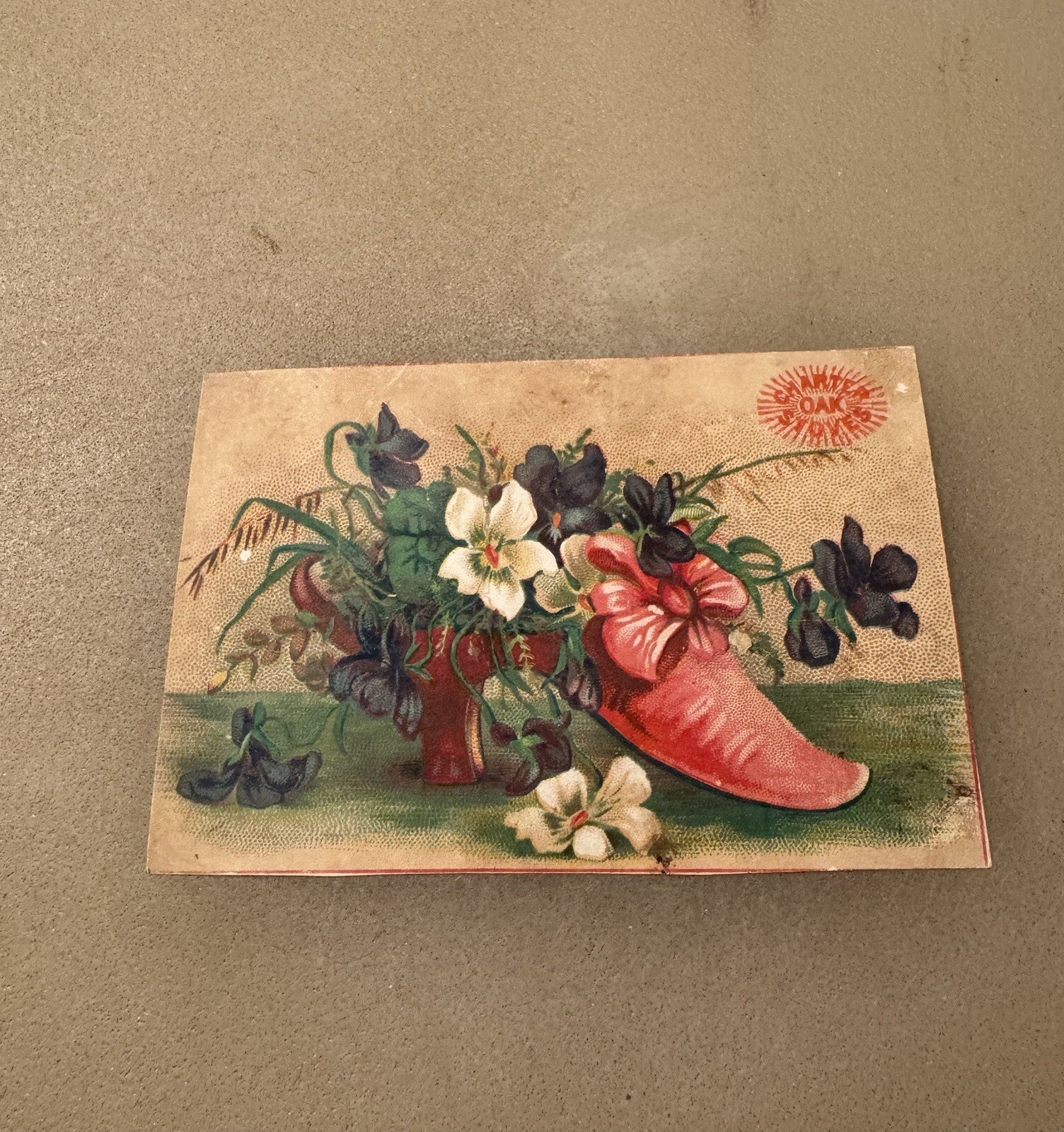 Antique Victorian Trade Card Grand Charter Oak Stove St Louis MO Shoe & Flowers