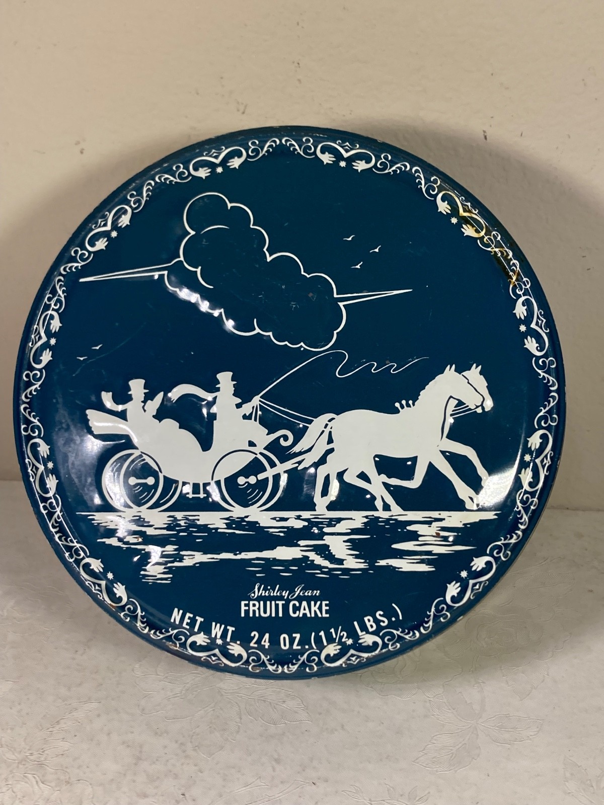 Vintage Shirley Jean Fruit Cake Tin – Capitol Bake Co – Horse & Carriage – Blue