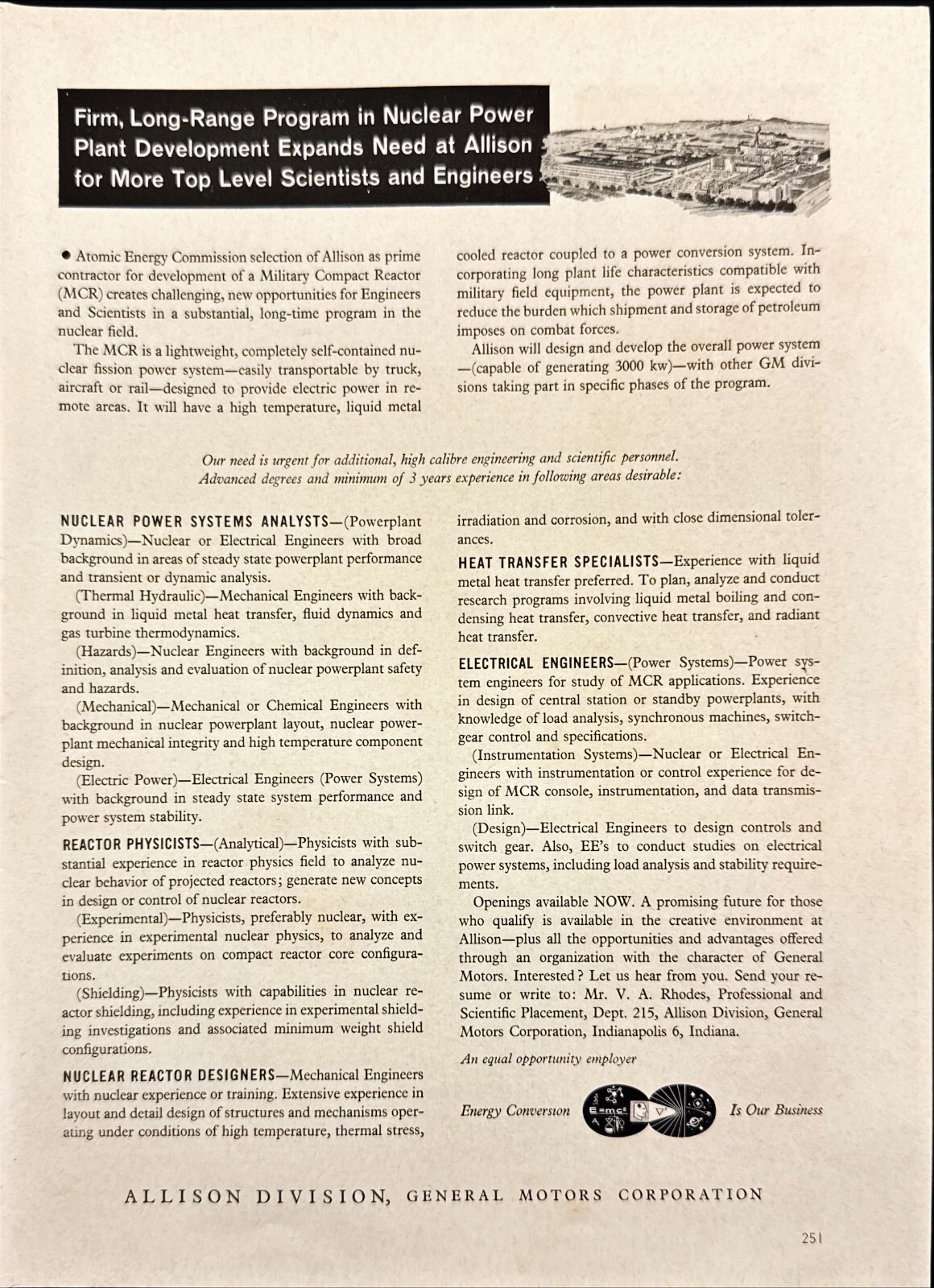 Allison Division GM Long Range Nuclear Power Vintage Print Ad 1962