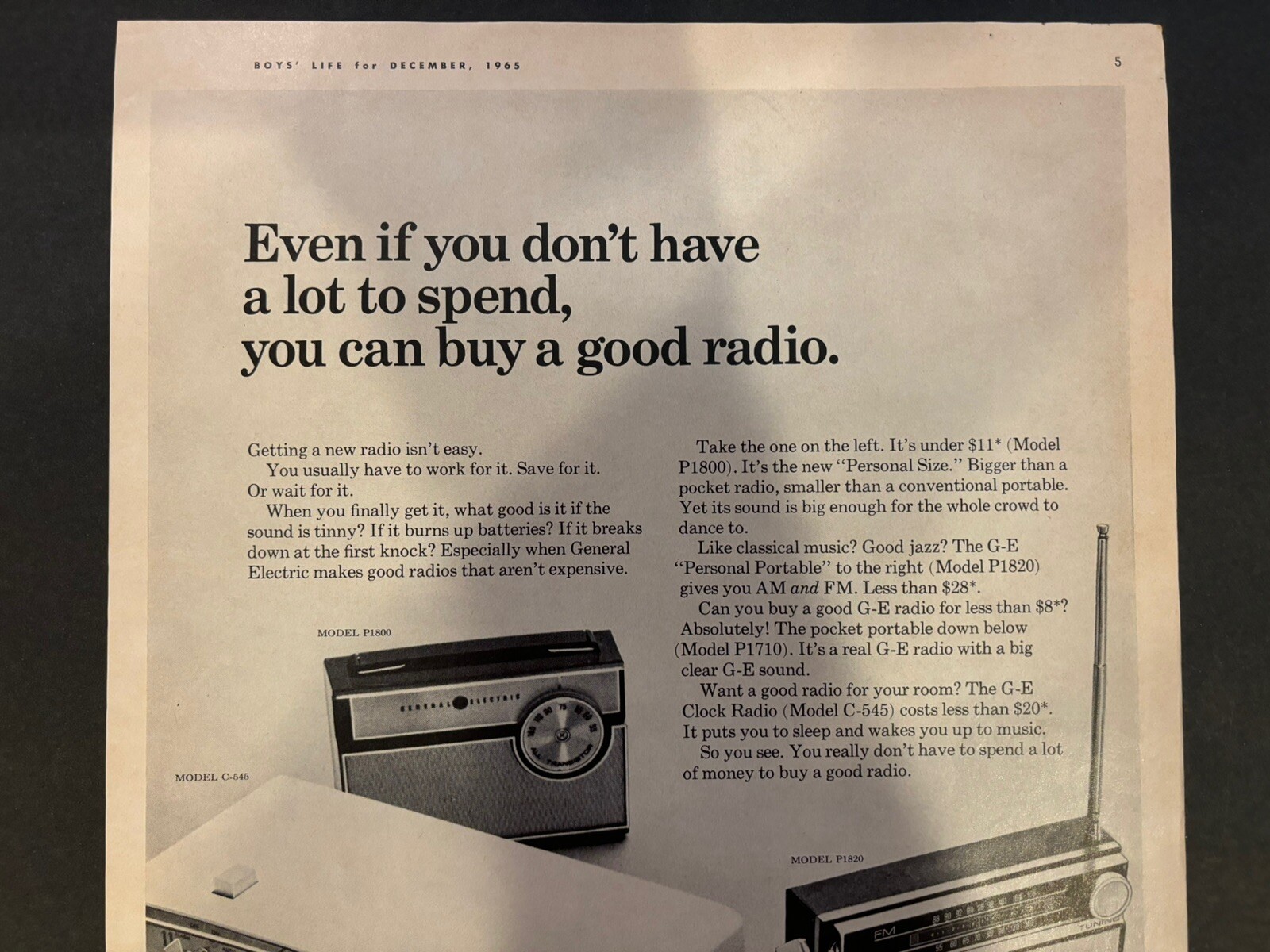 Vtg Boy’s Life 1965, General Electric Radio AD, Radio Receiver Dept. Utica, NY