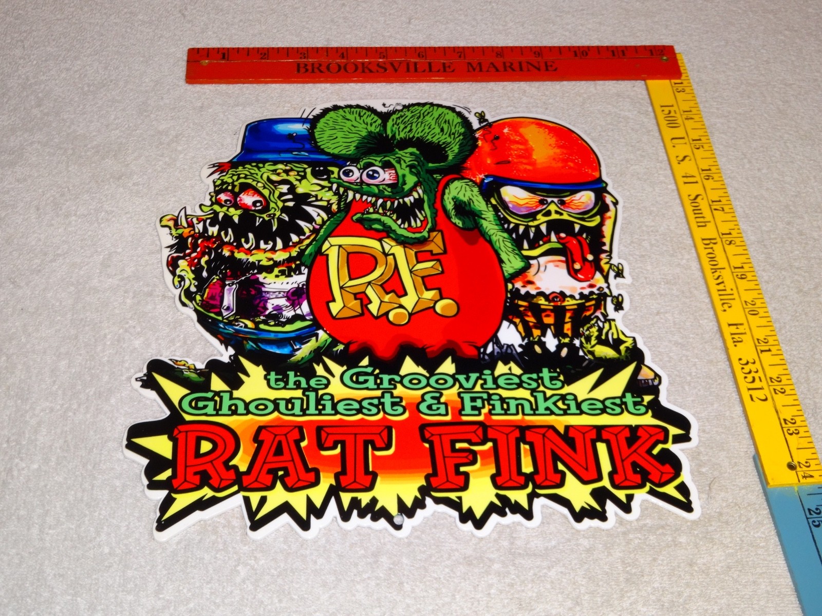VINTAGE RATFINK W/ 2 MONSTERS ED ROTH PORCELAIN METAL RAT FINK GASOLINE OIL SIGN