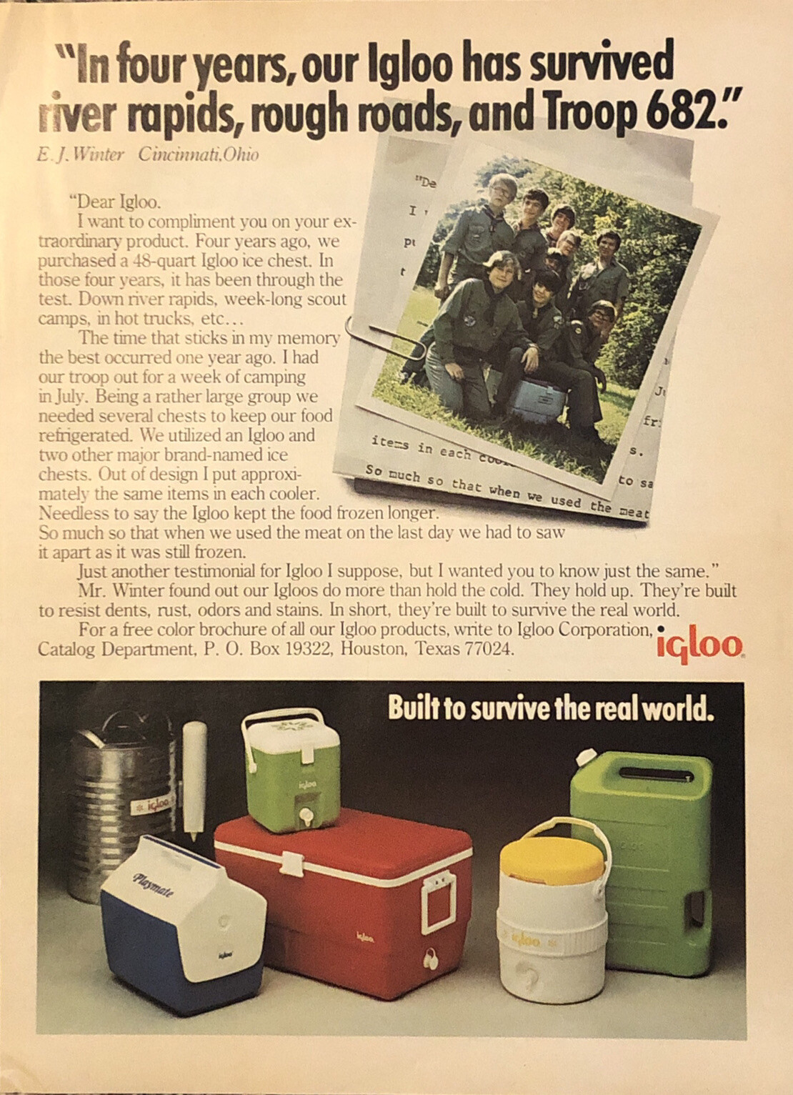PRINT AD 1976 Igloo Cooler Cincinatti Ohio Boyscout Troop 682 EJ Winter Letter