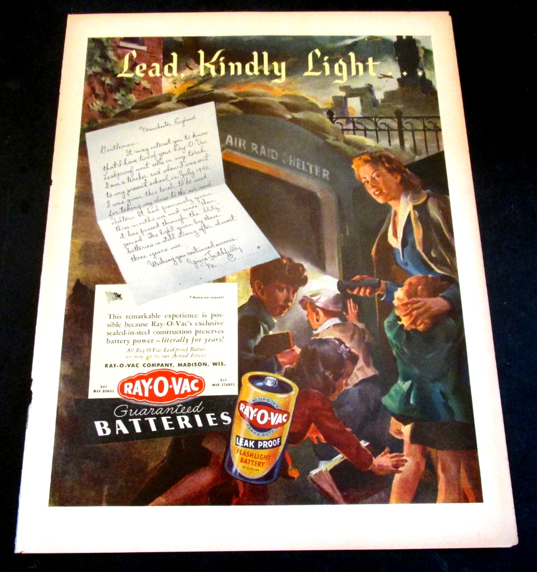 1943 Ray-o-Vac Batteries Family Air Raid Shelter VTG Print Ad Backside Whiskey