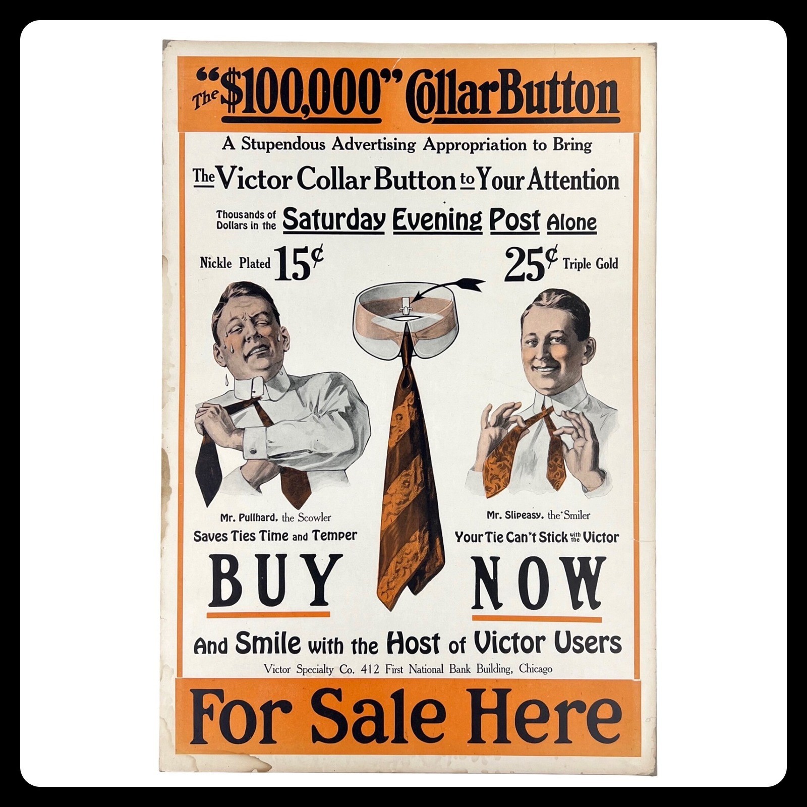1920s Victor Collar Button Antique Advertising Sign 21″ Cardboard Chicago