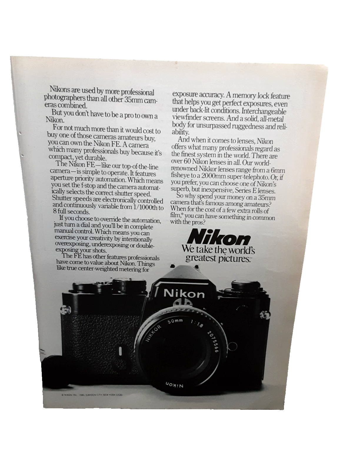 Nikon FE 35mm SLR Camera 1981 Vintage Print Ad Nikkor 50mm Lens Photography