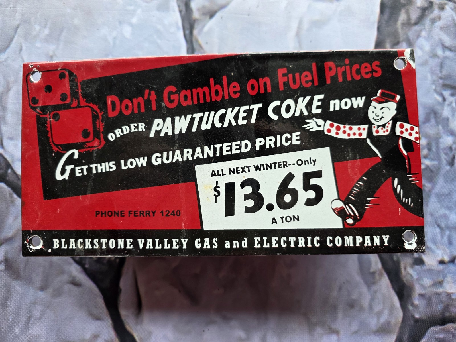 VINTAGE BLACKSTONE VALLEY GAS & ELECTRIC CO PORCELAIN SIGN PAWTUCKET COKE 10″×5″