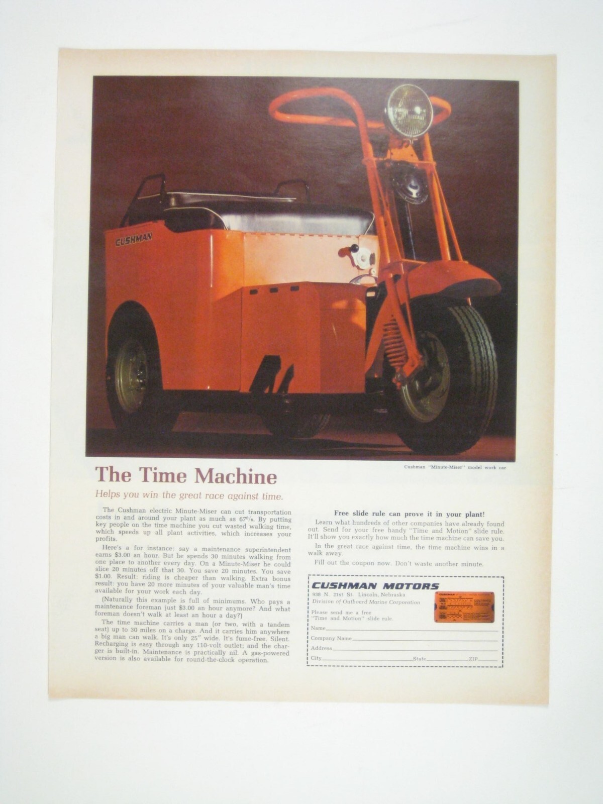 Vintage Cushman Motors Minute Miser Electric Scooter Advertisement Print 1968