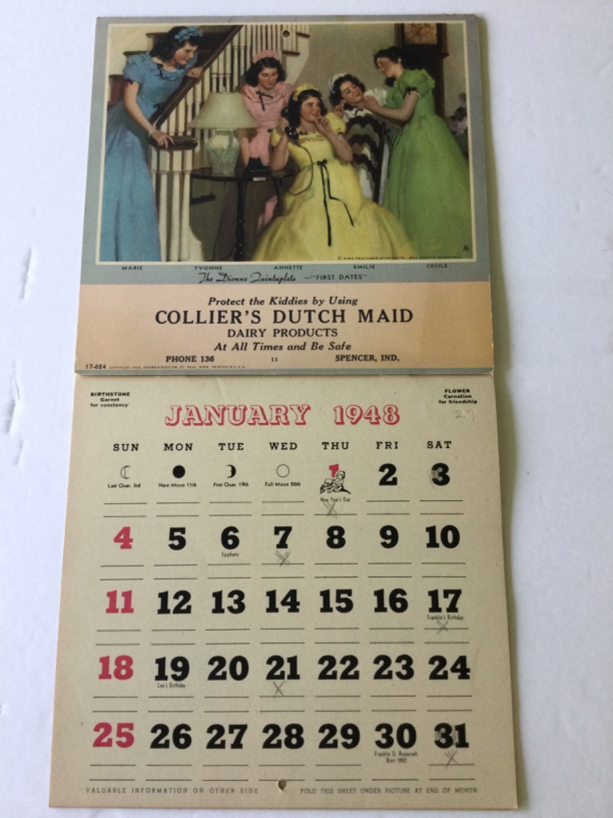 1948 Dionne Quintuplets Advertising Calendar Collier’s Dairy Products Spencer IN