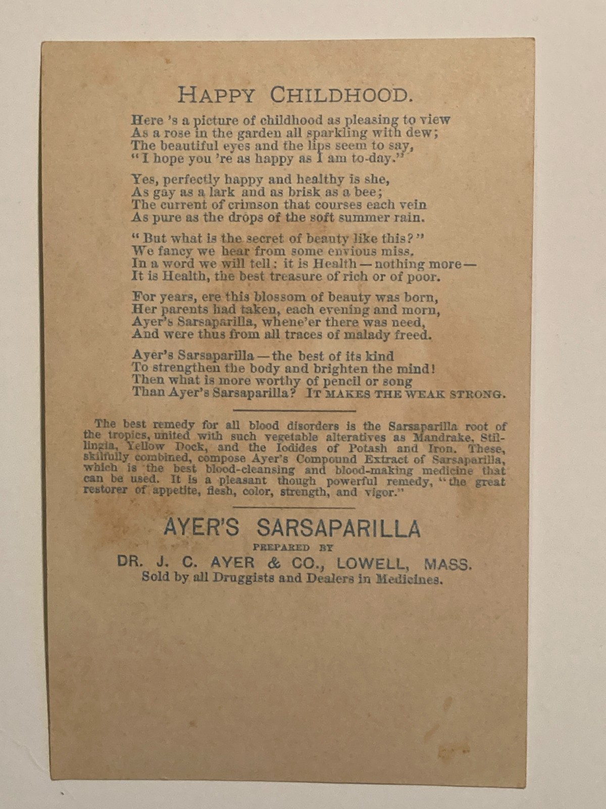 c1880s-90s Ayer’s Sarsaparilla Dr. J. C. Ayer & Co. Lowell, Mass. Trade Card