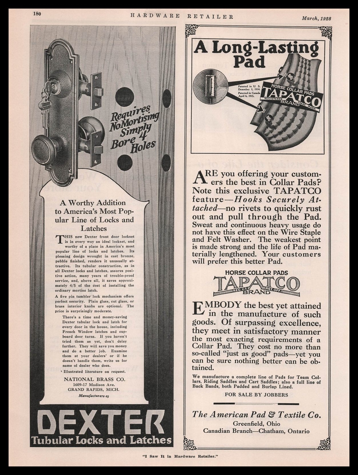 1928 Dexter Tubular Locks Latches National Brass Grand Rapids Michigan Print Ad