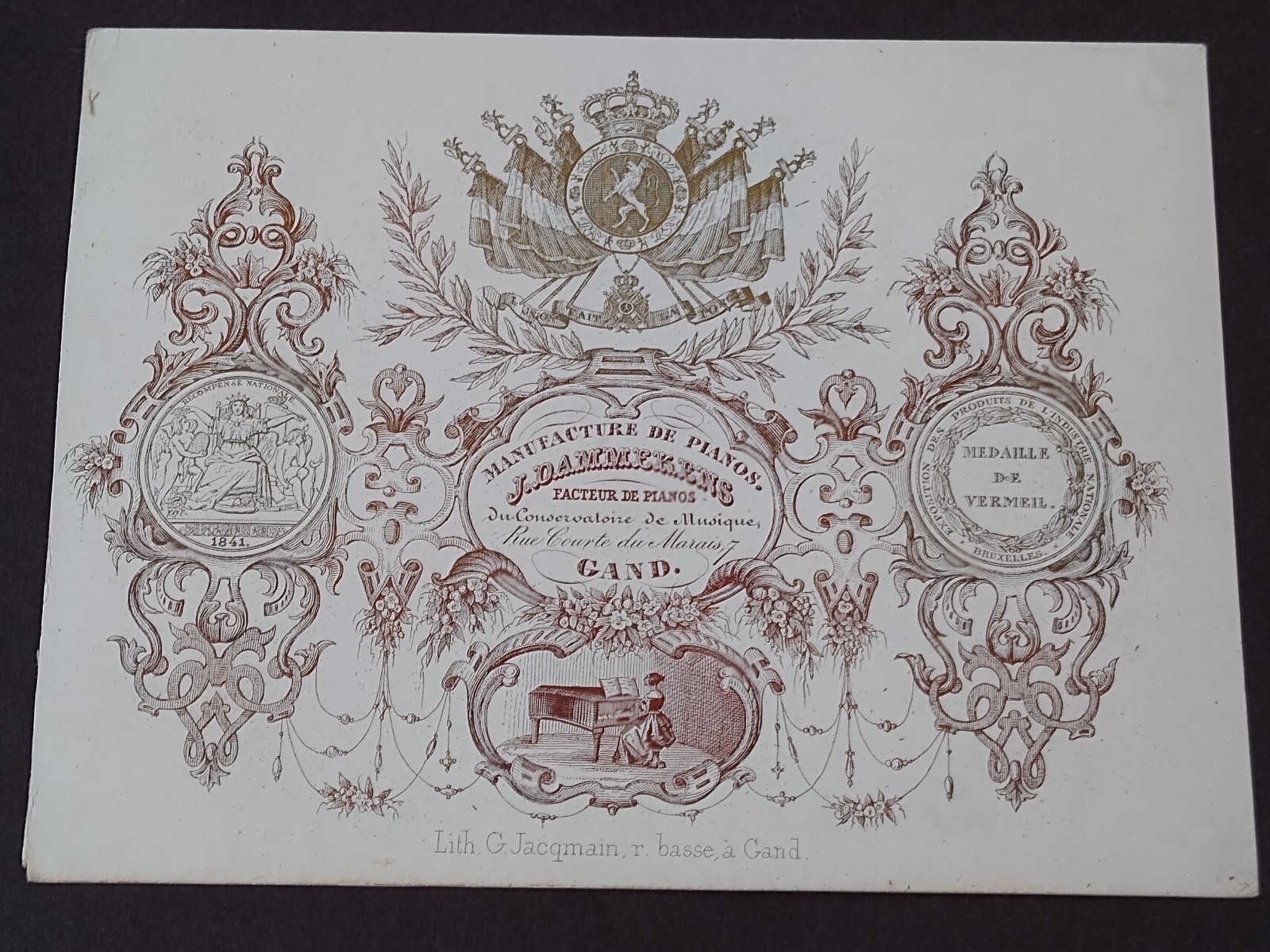 Belgian Trade Card, 1840s-50s, Piano Manufacturer, Ghent