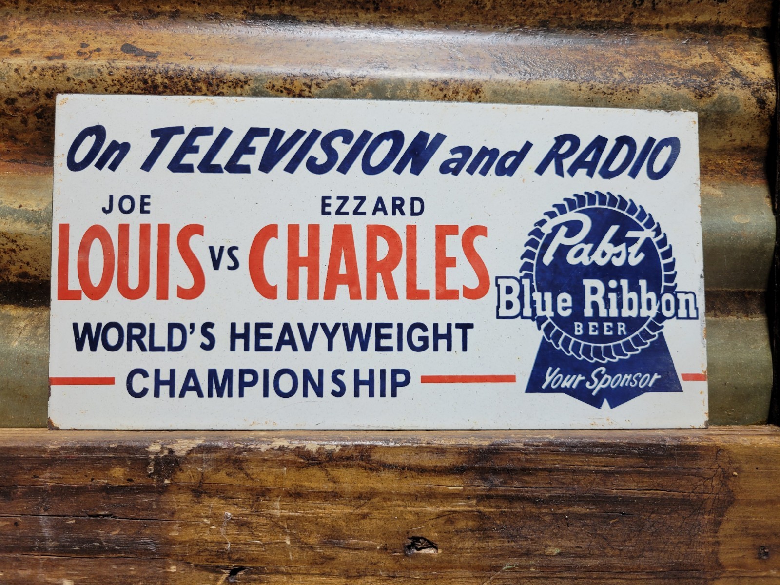 VINTAGE PABST BEER PORCELAIN SIGN OLD BLUE RIBBON BOXING JOE LOUIS vs. CHARLES
