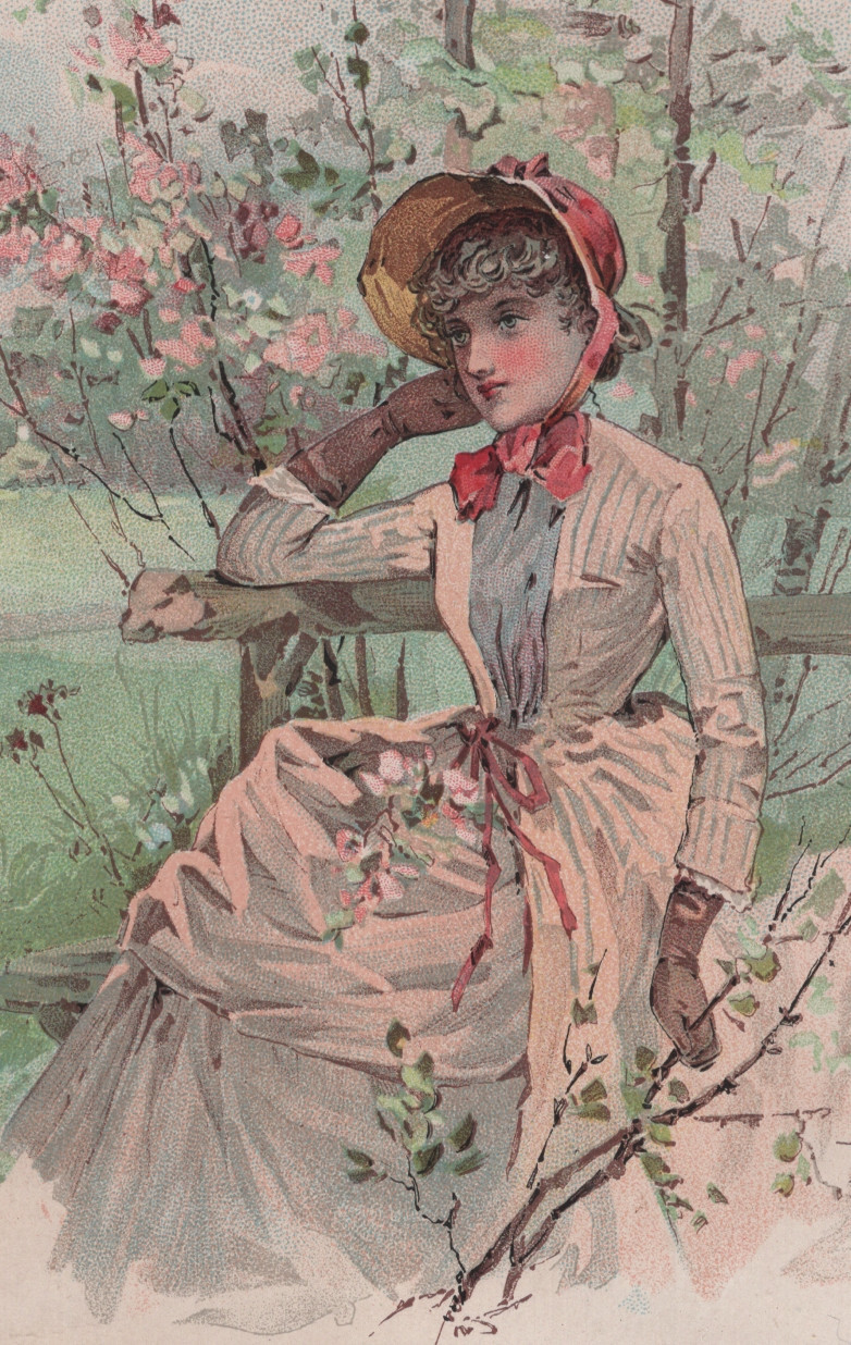 LG. CLARK’S O.N.T. SPOOL COTTON THREAD TRADE CARD, PROPER VICTORIAN LADY T202