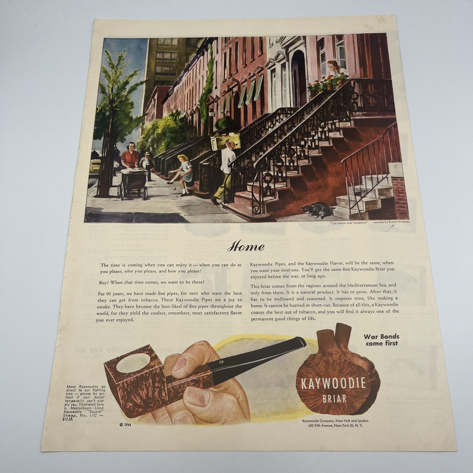Kaywoodie Pipes 1944 Vtg Print Ad 10″x13″ Square Pipe Rudolf Wetterau art
