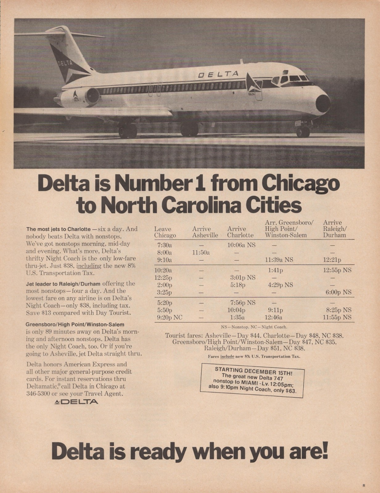 Delta Airlines Number 1 from Chicago to NC Charlotte Raleigh Print Ad 1970