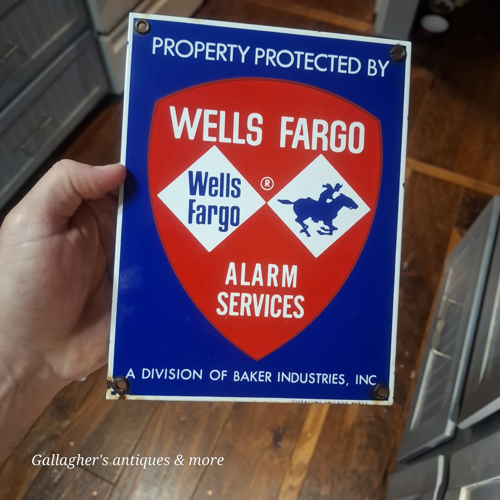 Lot Of 3 Vintage Enameled Porcelain Signs Wells fargo Voltage Fire Hose