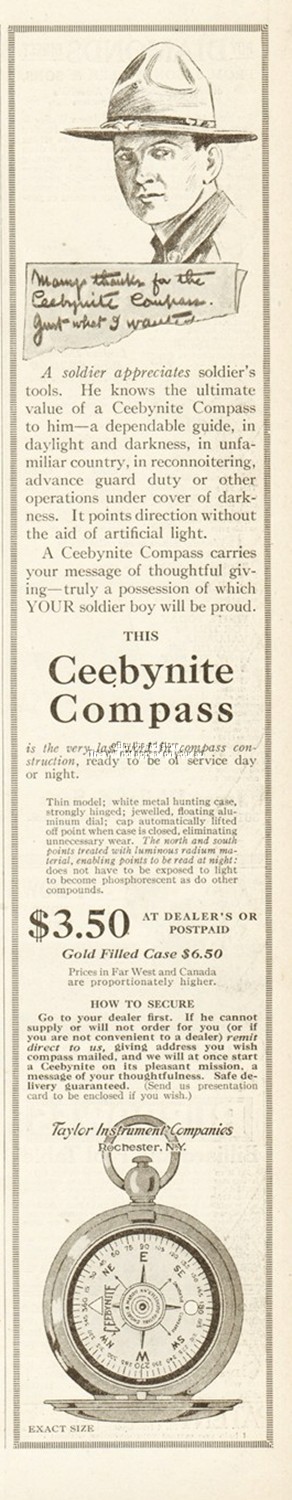 1917 Taylor Ceebynite WW1 U.S. Military Soldier Pocket Compass Antique Print Ad