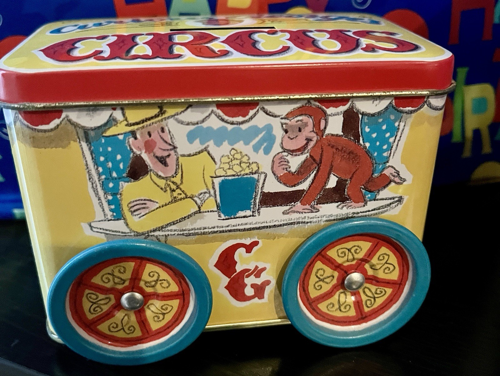 CURIOUS GEORGE TIN CIRCUS WAGON COIN BANK WITH WHEELS Adult Collectible Empty