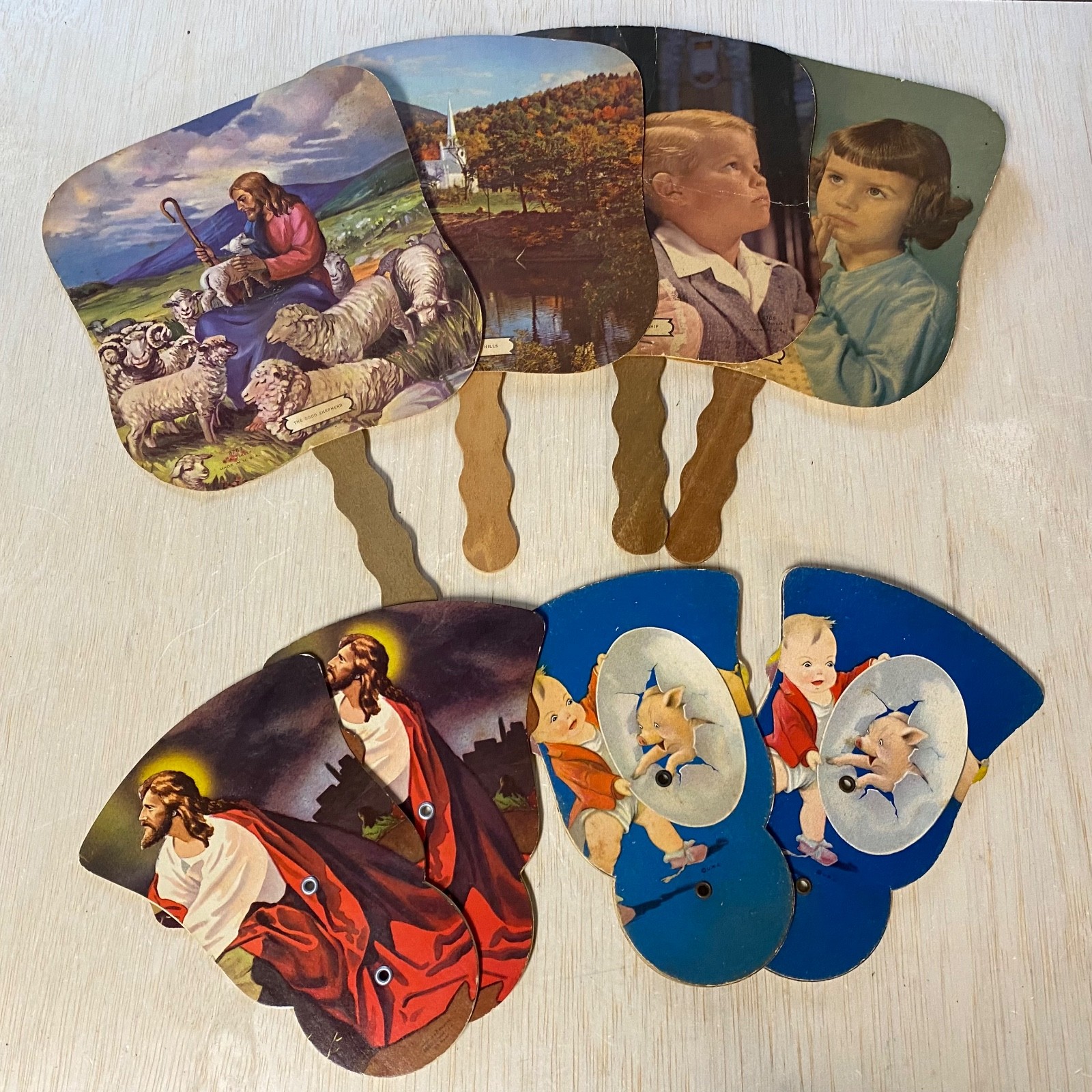 Vintage Ad Fan Lot Farm Bureau, Funeral Home, Mortuary, Jesus, Children, Pig