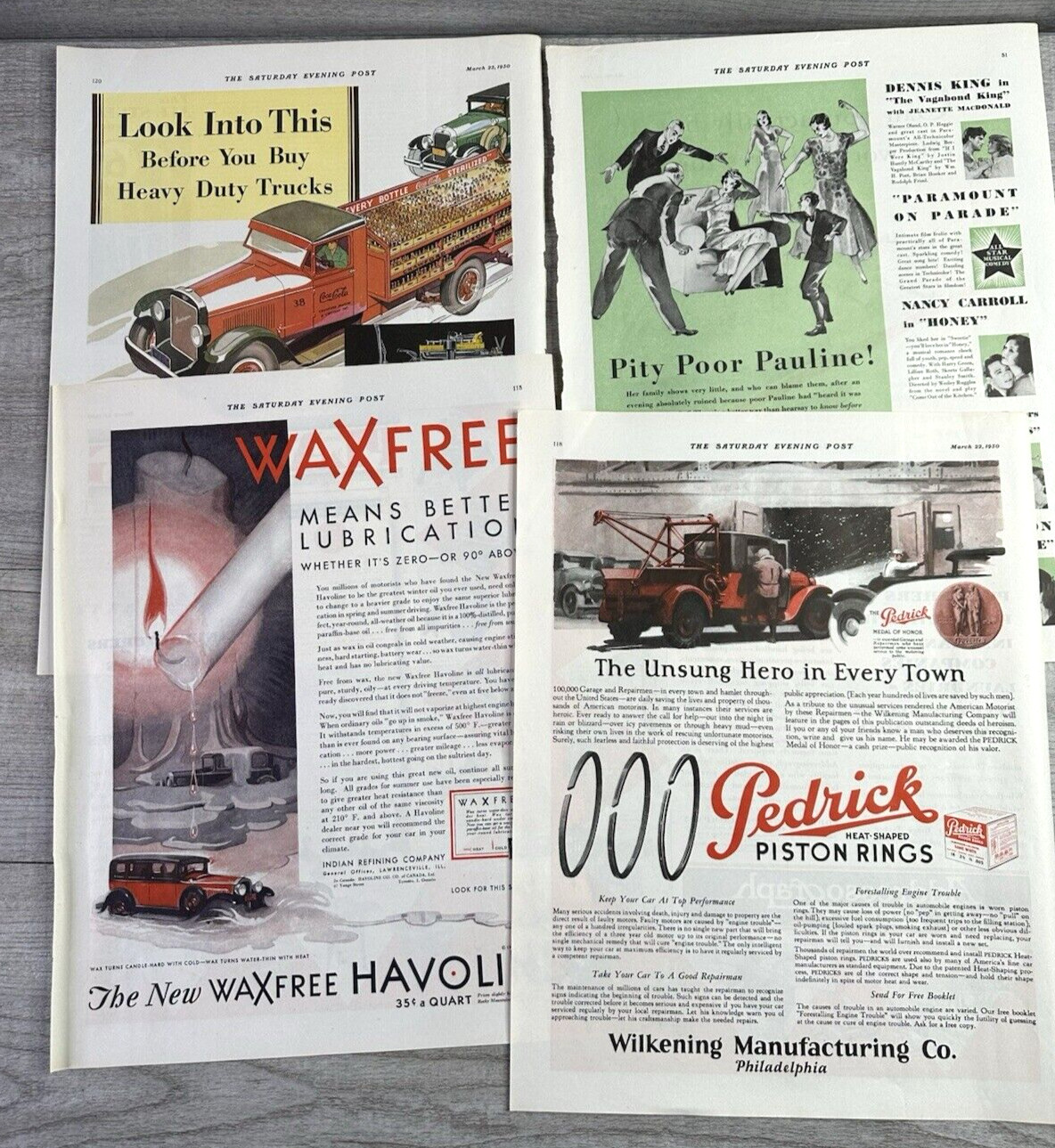 Lot of 4 Vtg 1930 Print Ads BIG Art Deco Sat Eve Post Havoline Paramount Pedrick