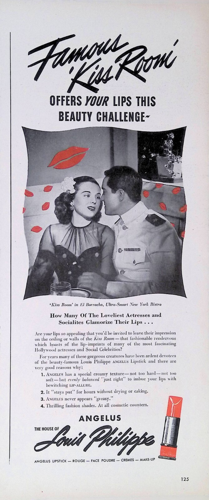 Vintage Print Ad WWII 1944 Officer Woman Kiss Room Louis Phillipe Angelus LIps