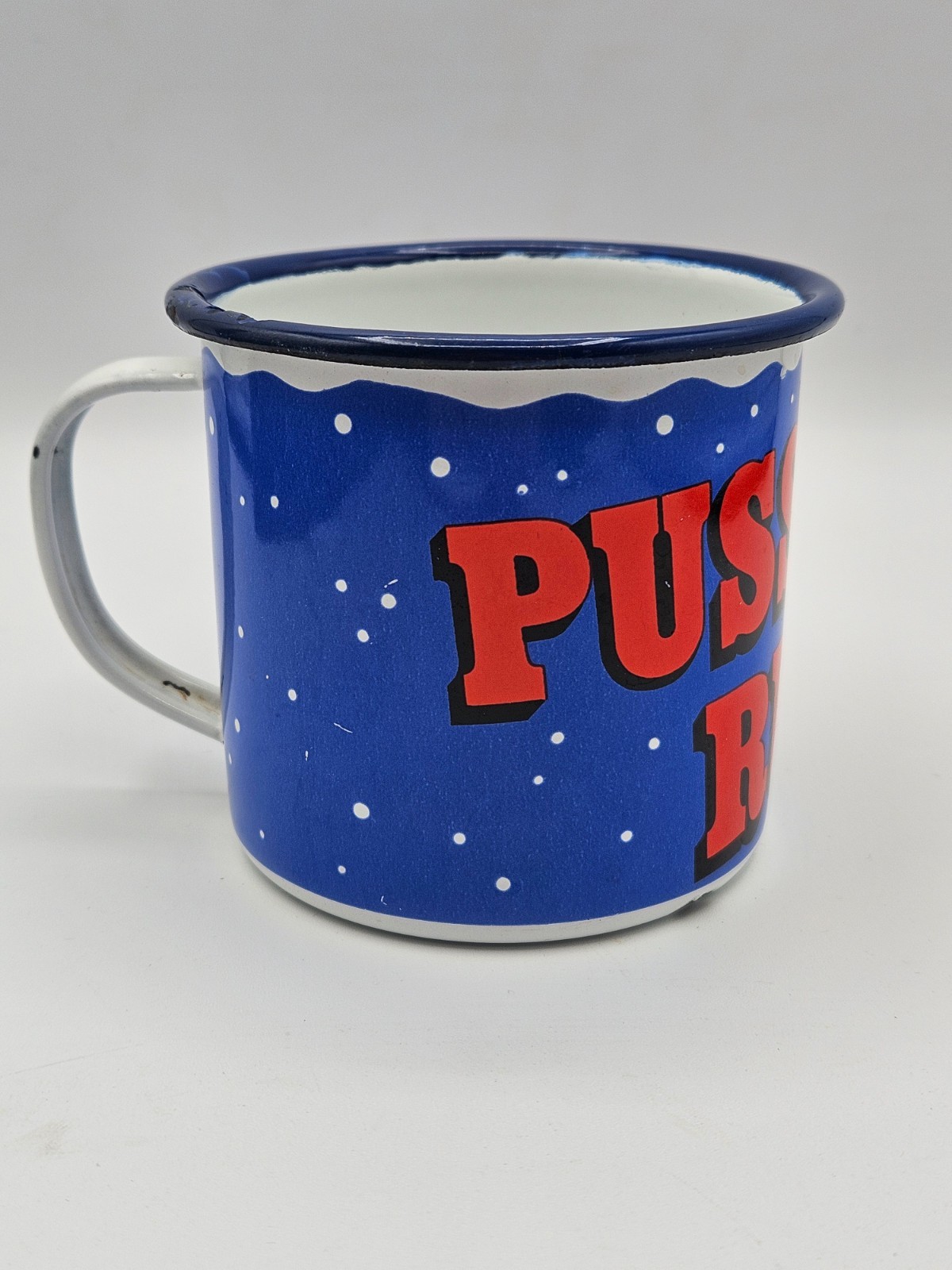 Vintage Pusser’s Rum Blue Logo on White Tin Enamelware Mug Coffee Cup “as is”