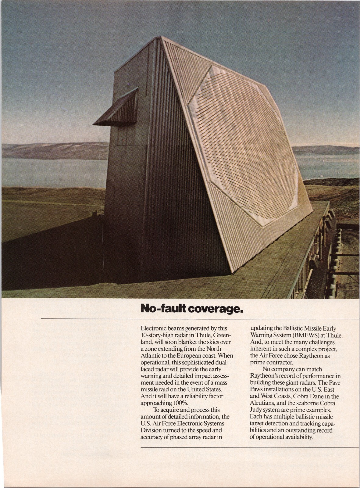 Raytheon BMEWS Early Warning Radar Thule Greenland Vintage 2 Page Print Ad 1986