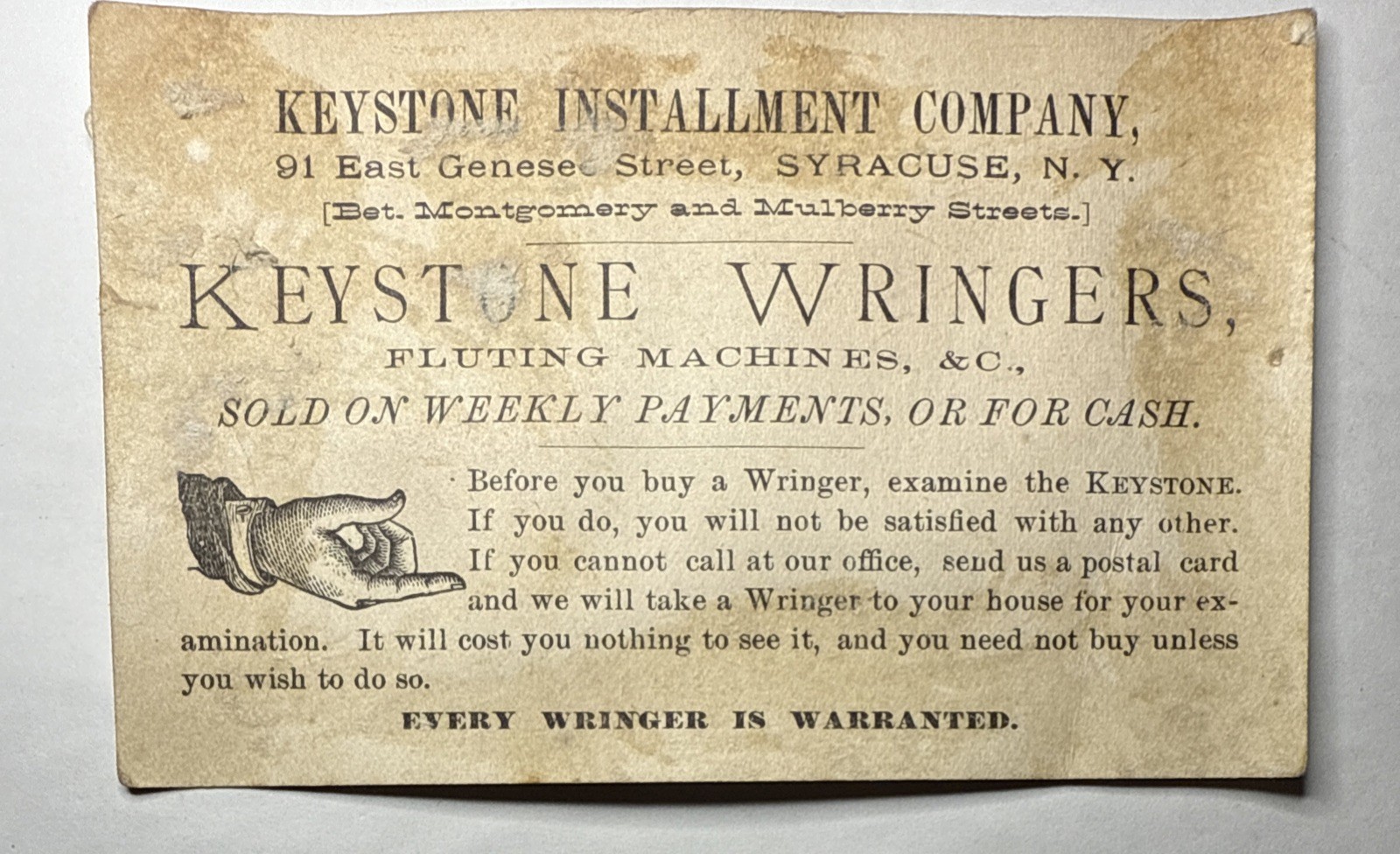 Victorian Trade Card Keystone Wringers E Genesee St Syracuse FF Adams Erie PA C5