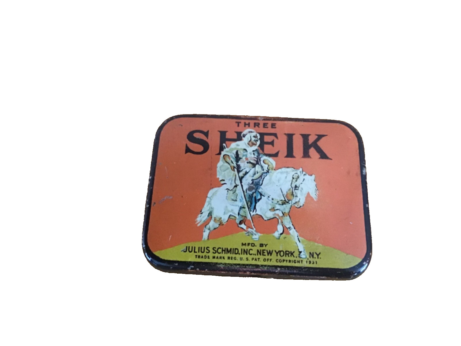1940’s SHEIK METAL CONDOM TIN CONTAINER JULIUS SCHMID NY EMPTY PROPHYLACTICS EUC