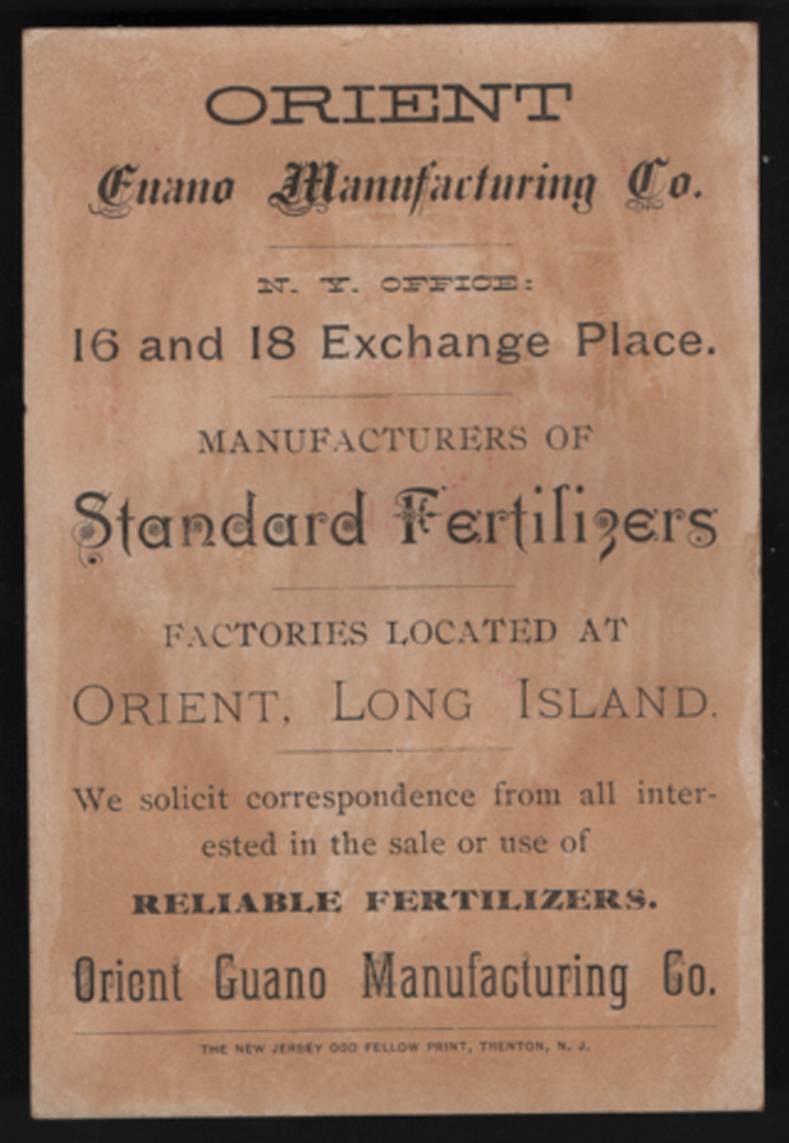 1880’s ORIENT, LONG ISLAND TRADE CARD, ORIENT GUANO MFG. CO. FERTILIZER, X323