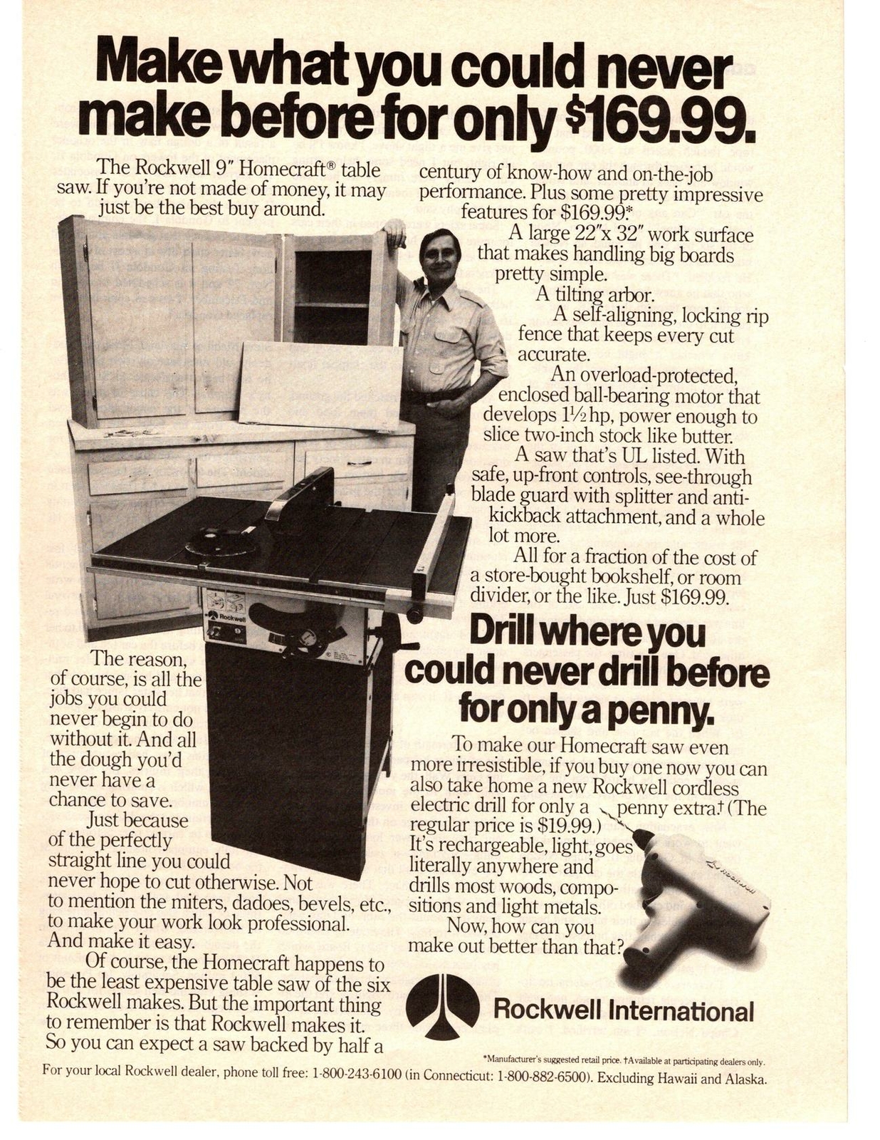 1976 Rockwell International 9″ Homecraft Table Saw 22 x 32 Surface $169 Print Ad