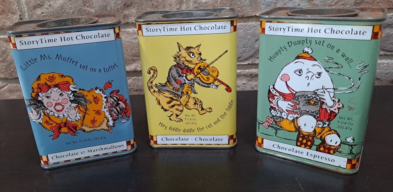 Lot of 3 StoryTime Hot Chocolate Tins Ms Muffet Humpty Dumpty Hey Diddle W/ Lids