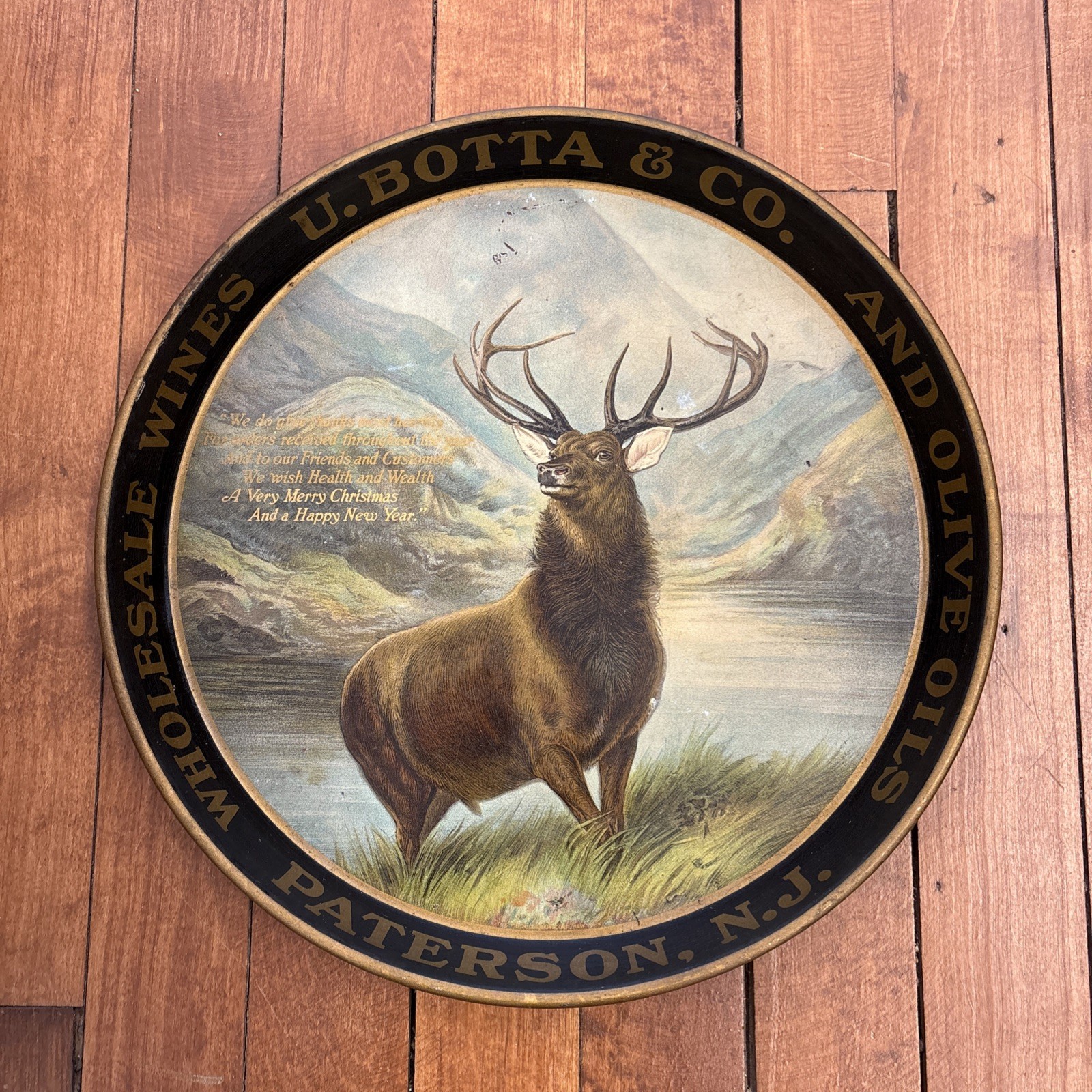 Antique PRE PROHIBITION U.BOTTA & CO WINES TIN LITHO ADVERTISING BEER TRAY STAG