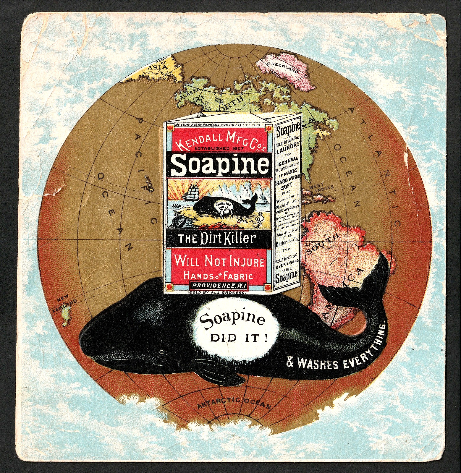 Very RARE – Soapine Soap Arctic Whale Earth Globe Book Cover old Trade Card j.US