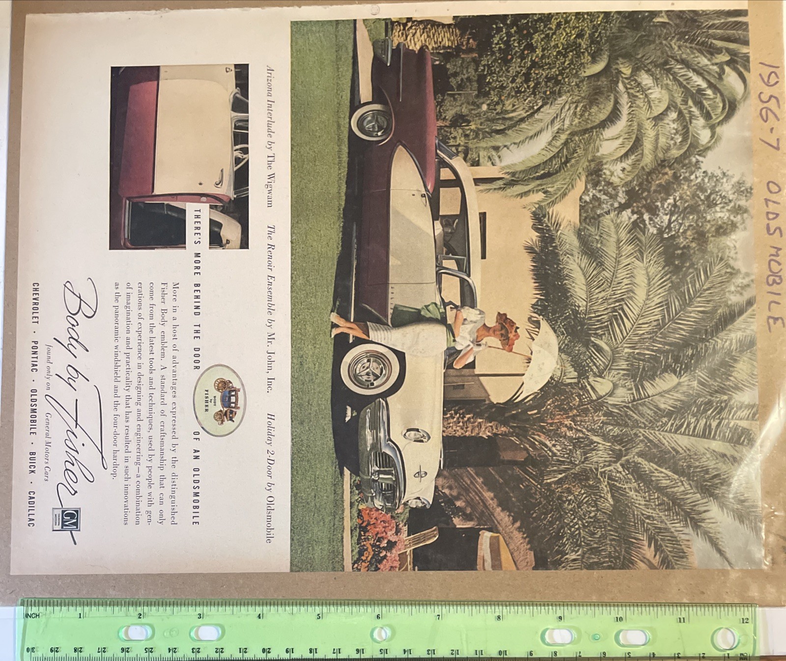 1956 Oldsmobile 10×13 Original Vintage Print Ad 2door Lady Umbrella 2 Tone Hard