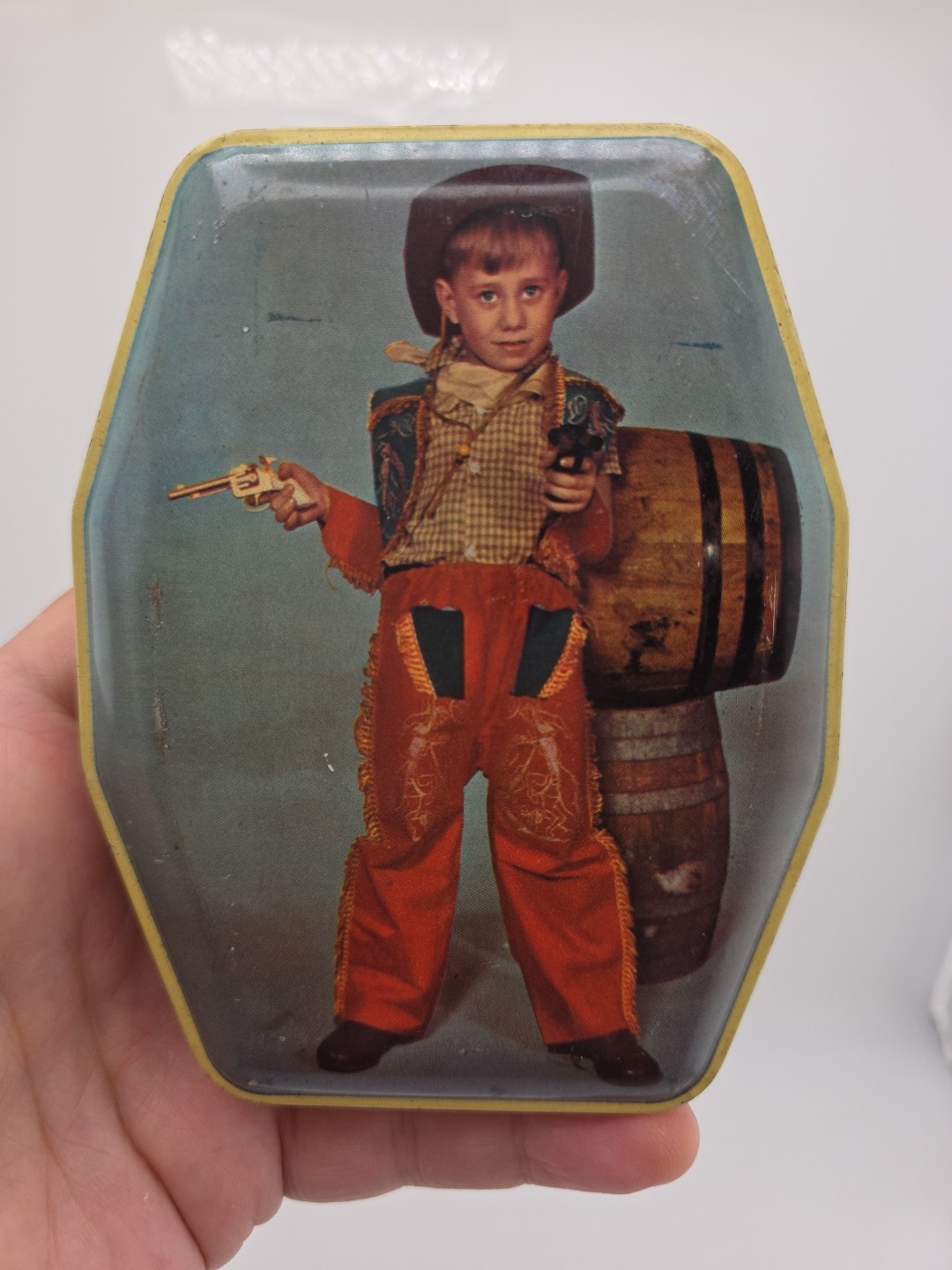 Vintage Horners Mixed Fruit Drops Tin Can With Kid Cowboy On Front