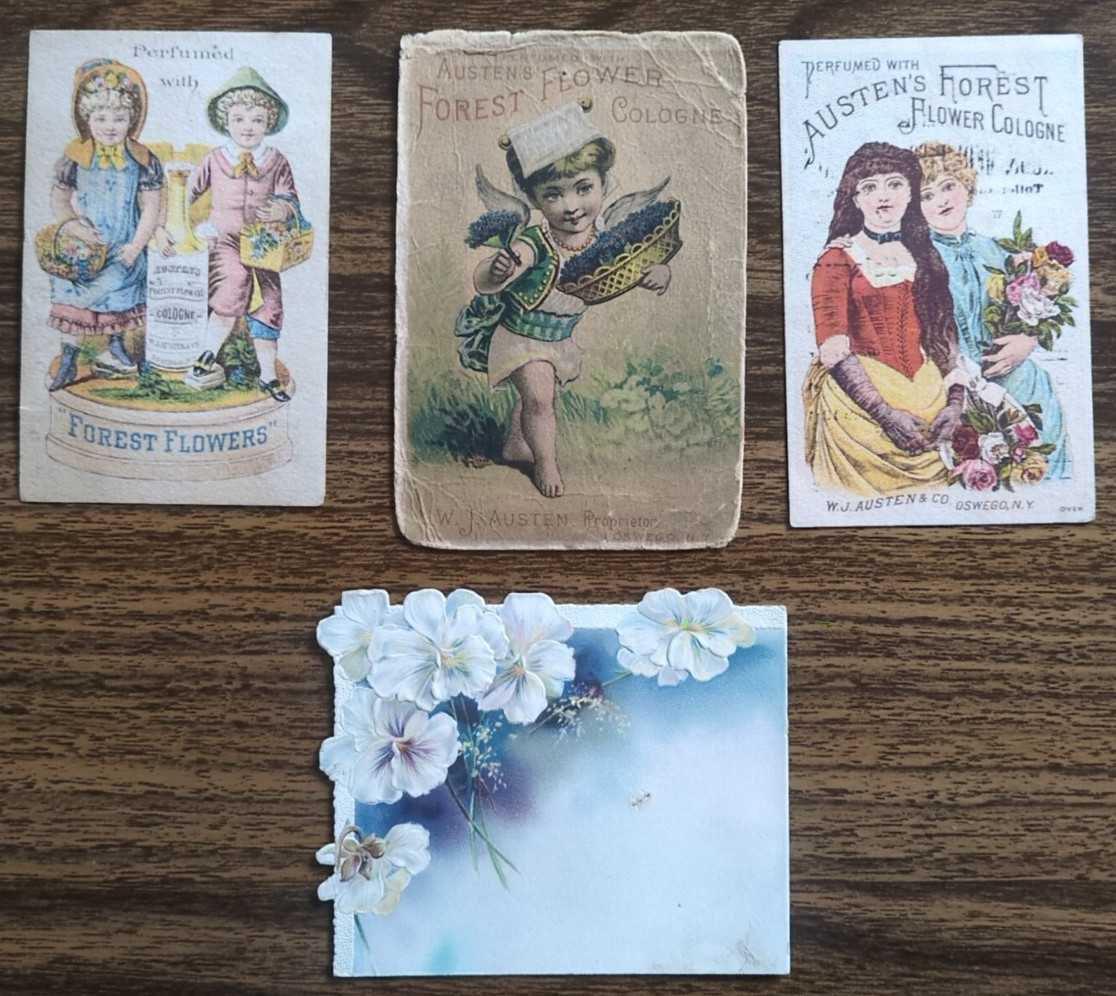 Victorian Era PERFUMES Austen’s Forest Flower Cologne TRADE CARDS – NY PA KS