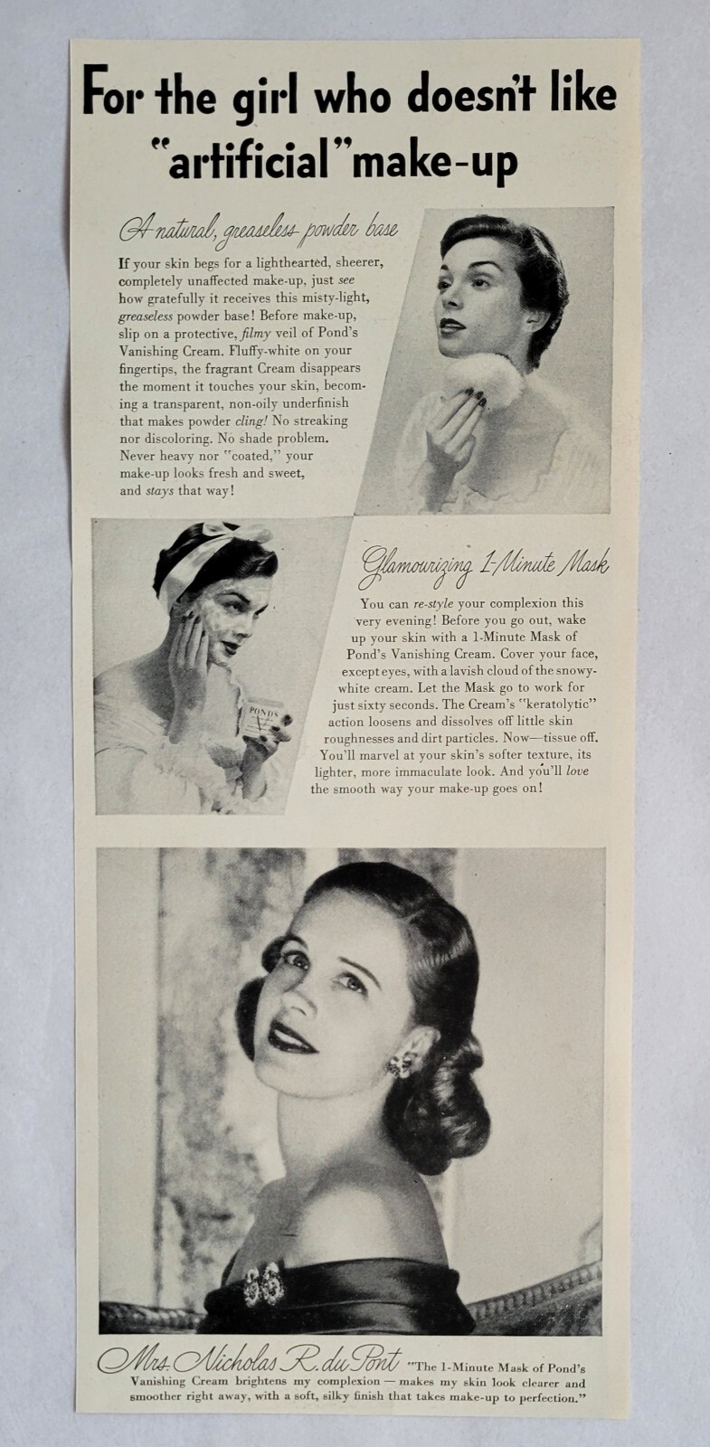 1949 Pond’s Vanishing Creme Print Ad 5″ x 12.25″