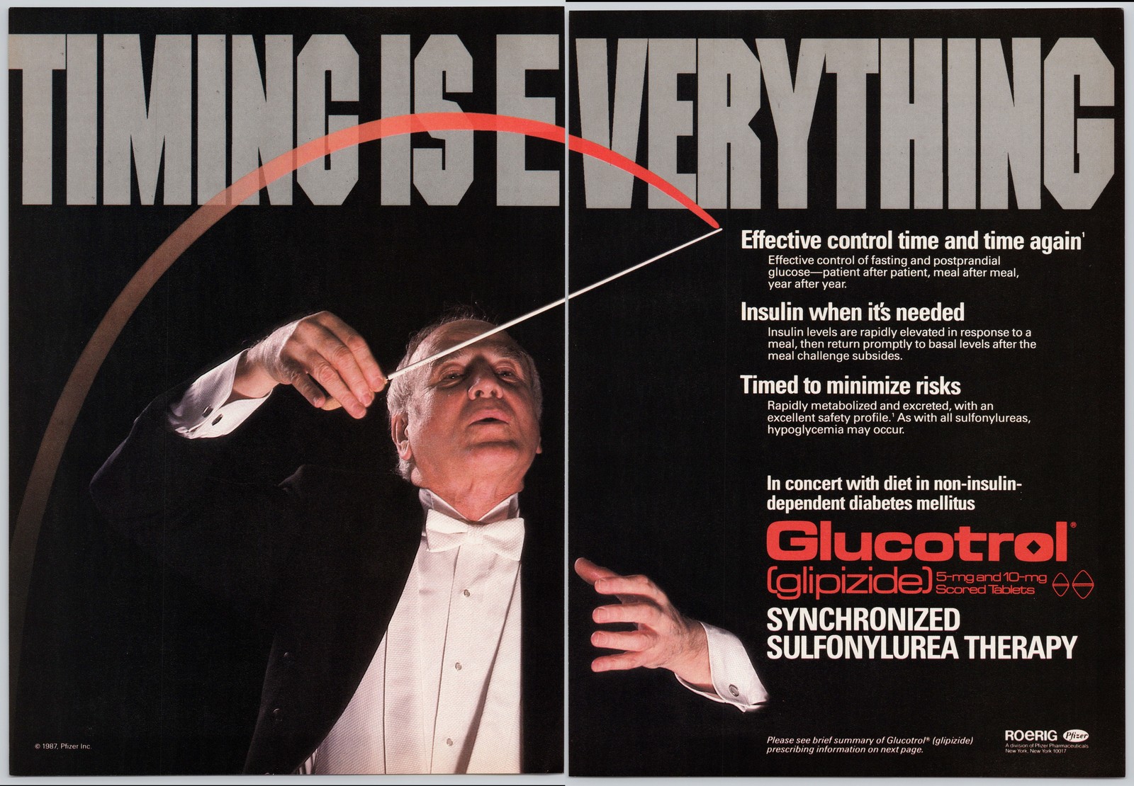 Glucotrol Pfizer Diabetes Medicine Conductor Timing 1987 Vintage Print Ad