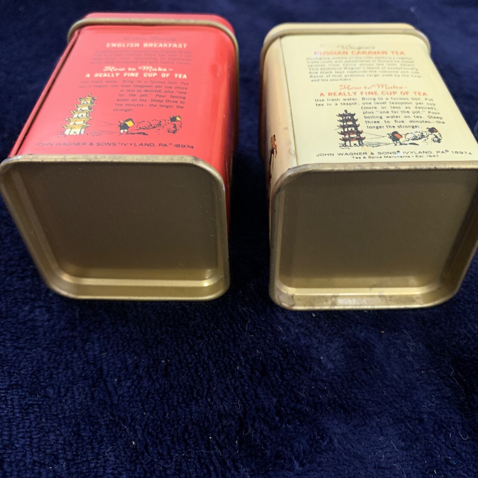 Lot of 2 VTG John Wagner & Sons Tea Tins EMPTY English Breakfast Russian Caravan