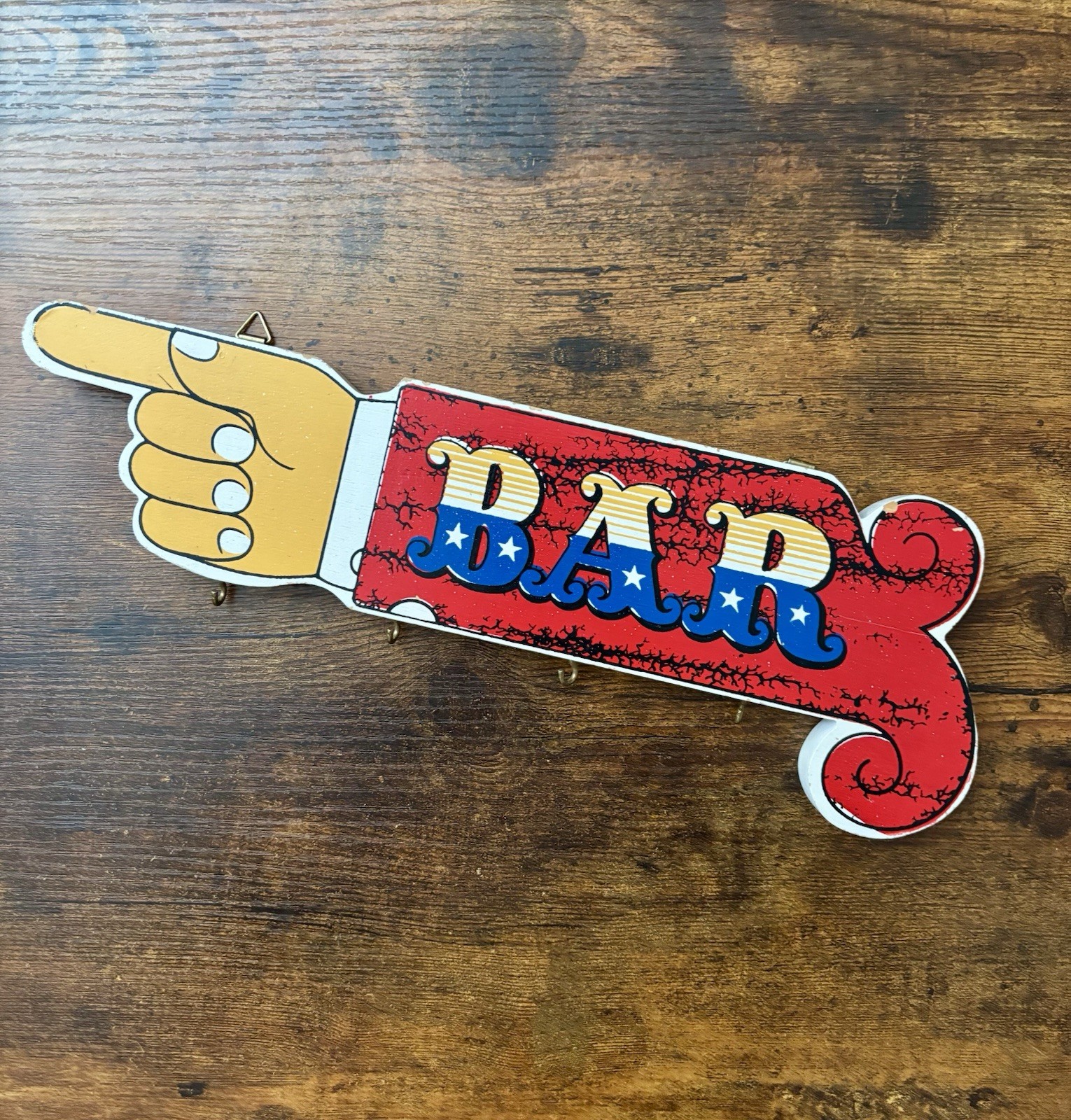 Classic Hand Pointing Bar Sign Key Holder with Hooks Vintage Style 13”