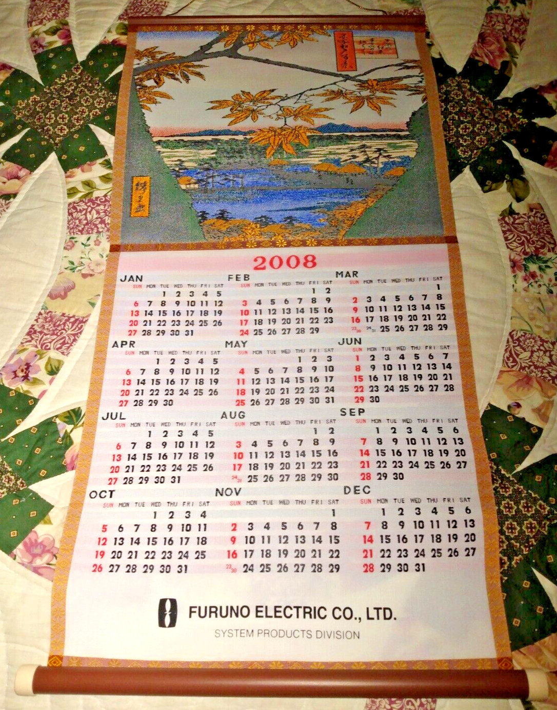 2008 ASIAN TAPESTRY FABRIC CALENDAR FURUNO ELECTRIC LTD 13 x 24″ JAPAN ORIG