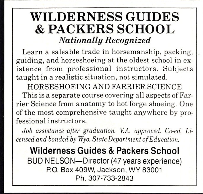 Bud Nelson Wilderness Guides & Packers School Jackson Wyoming Vtg Mag Print Ad