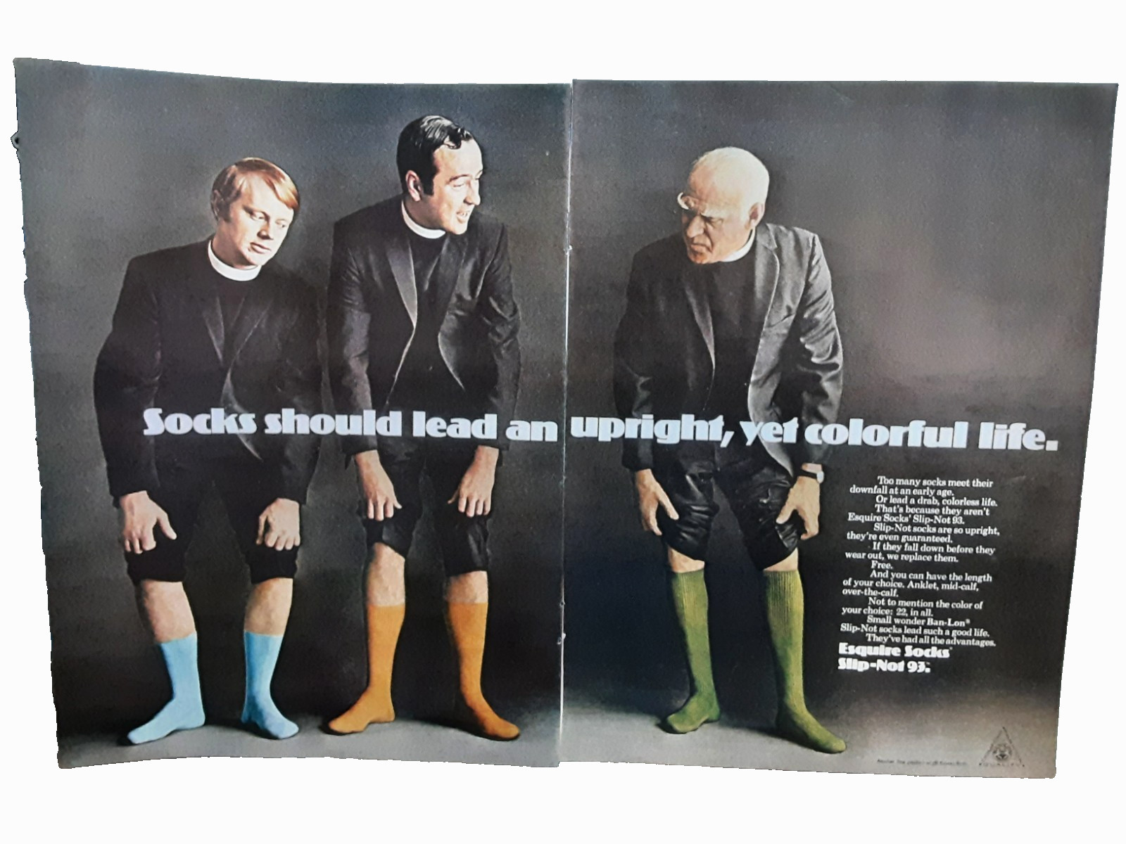 1969 Esquire Socks Vintage Print Ad Slip Not Colorful Upright Life Priests
