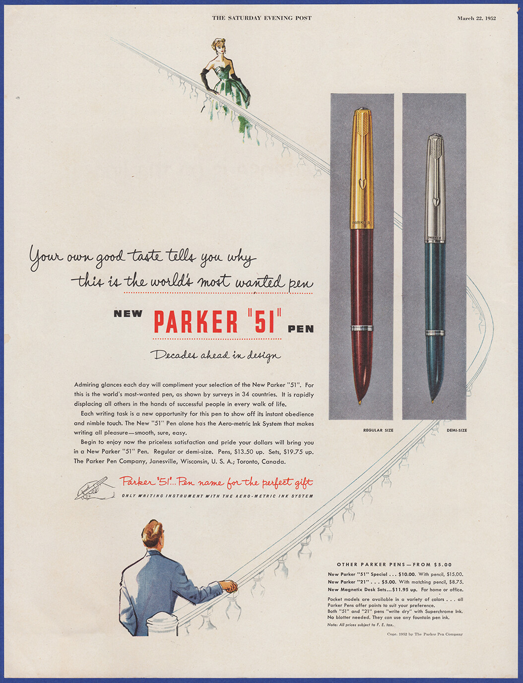 Vintage 1952 PARKER 51 Ink Pen Writing Ephemera 1950’s Print Ad