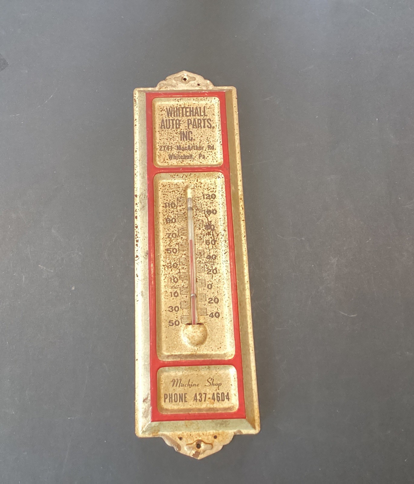 Whitehall PA Auto Parts Advertising Metal Thermometer WORKS Allentown Free Ship