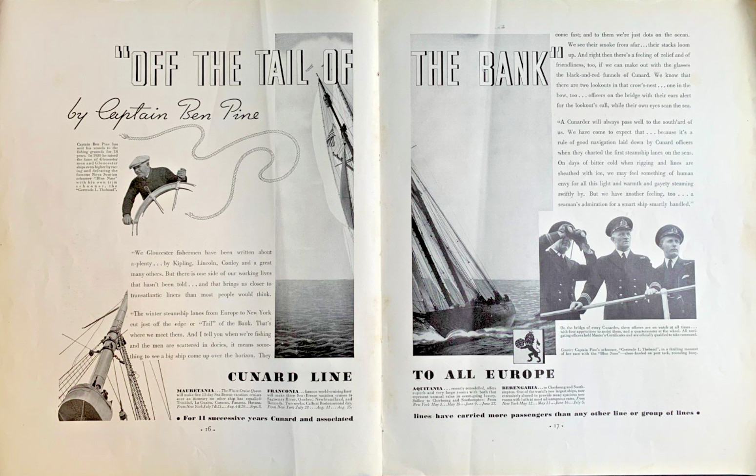 1934 Cunard Line Cruise Ship Print Ad Capt Ben Pine Schooner Gertrude L Thebaud