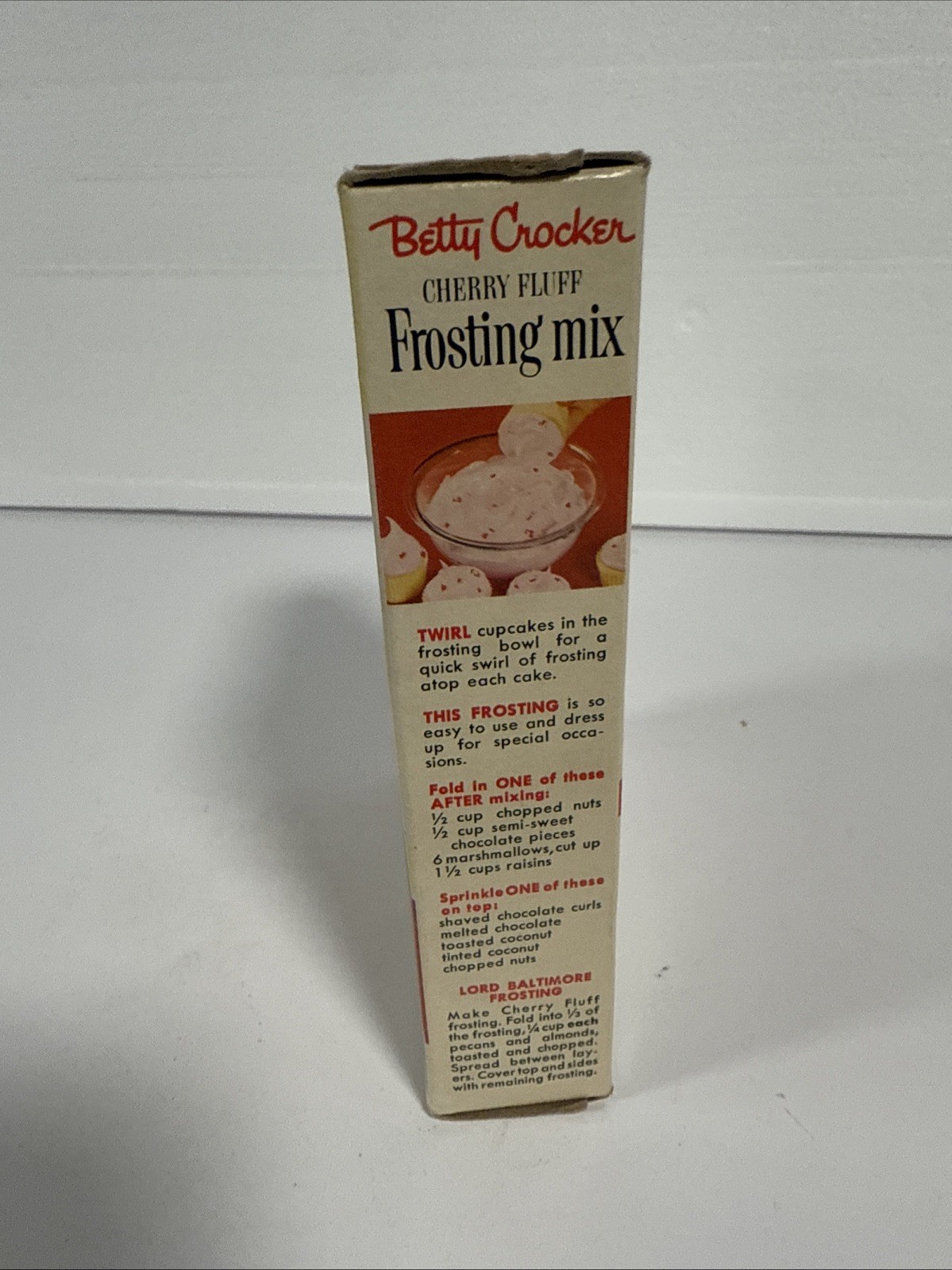 Vintage 1963 Betty Crocker Cherry Fluff Frosting Mix Box Sealed Display PYREX??