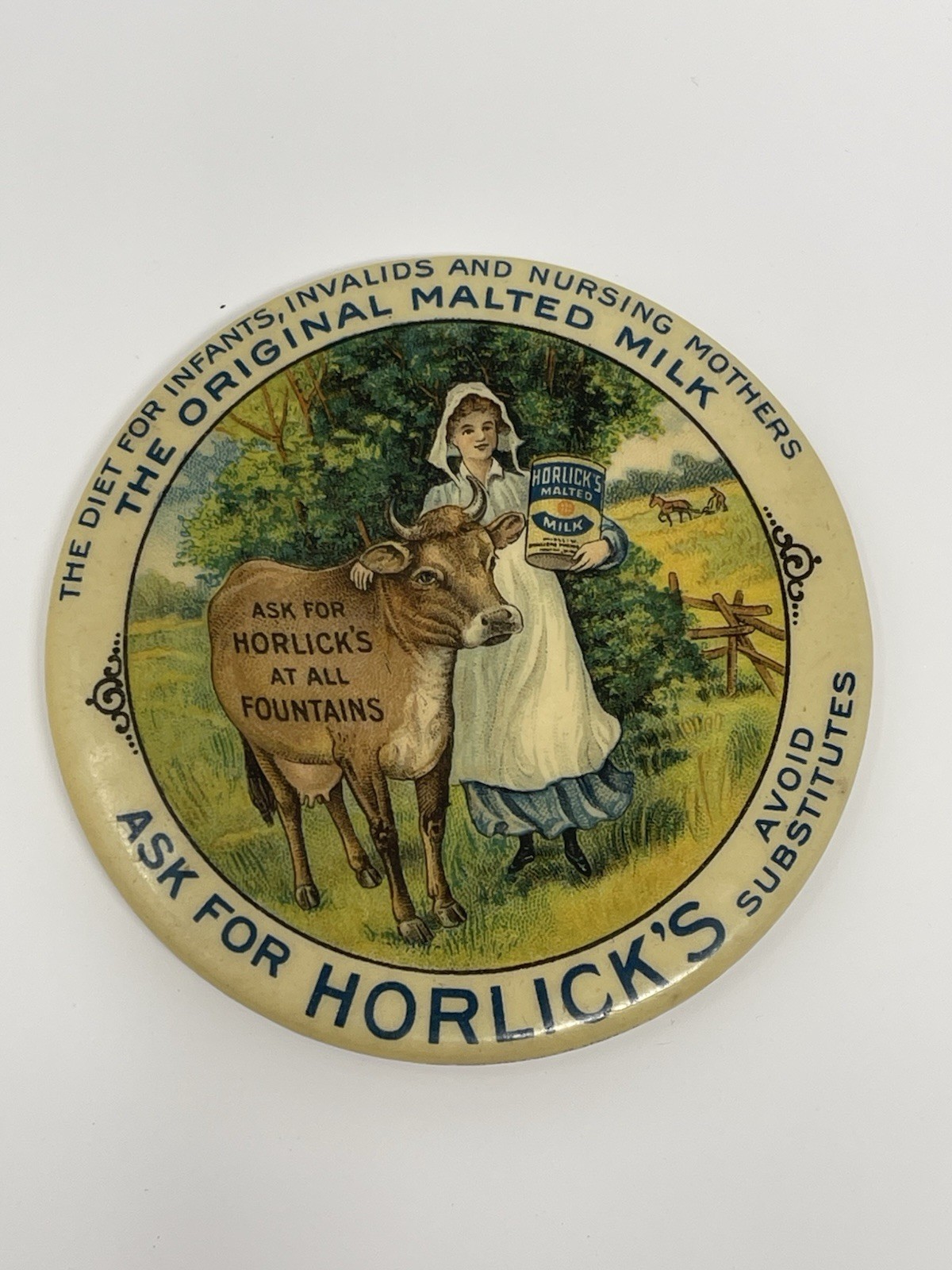 Antique Horlick’s Malted Milk Celluloid Pocket Mirror Advertising 1920s