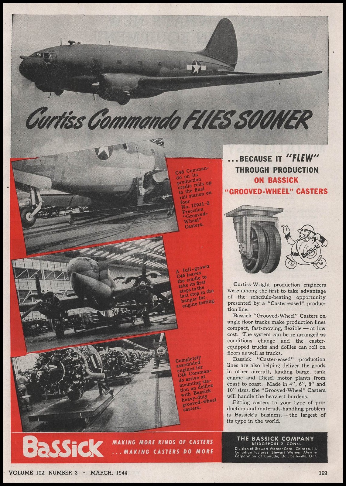 1944 Curtiss Wright C4 Commando Transport Plane Photo Bassick Casters Print Ad